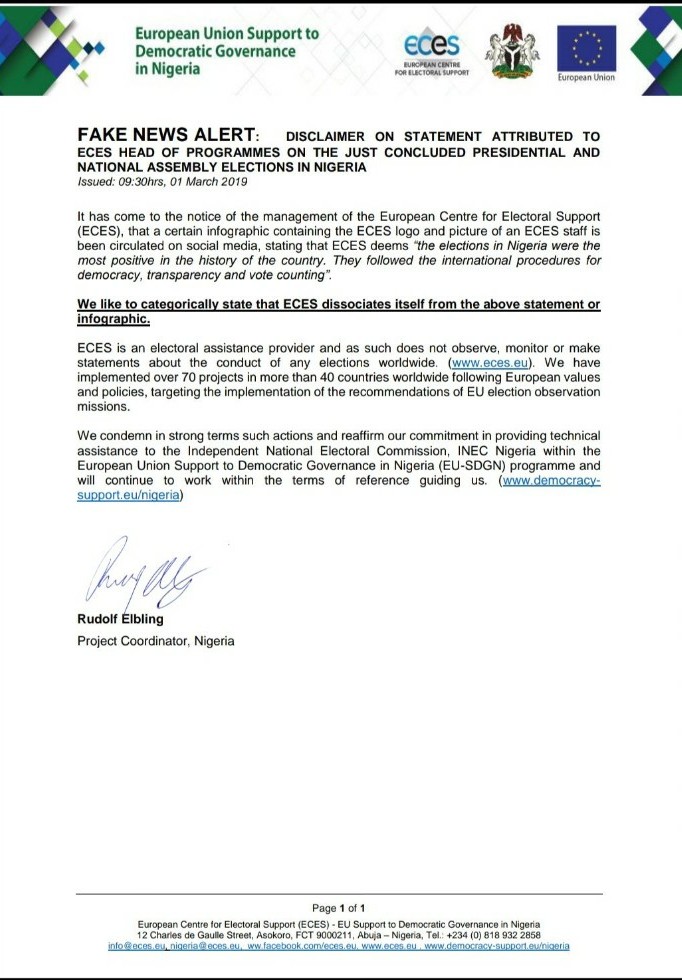 No! The EU, ECOWAS Did Not Praise Nigeria's 2019 Elections