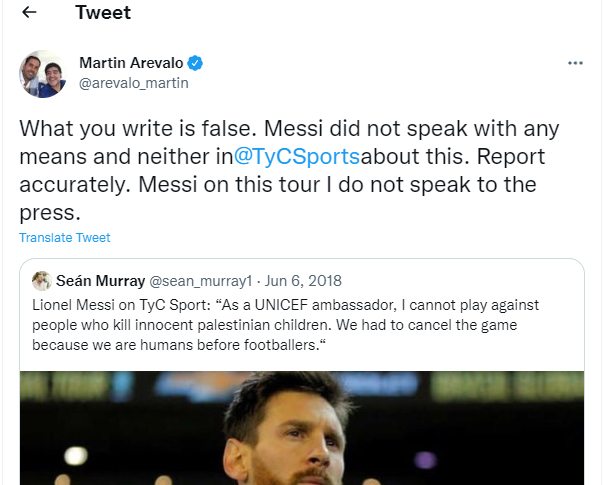 Statement on Israel-Palestine conflict falsely attributed to Messi