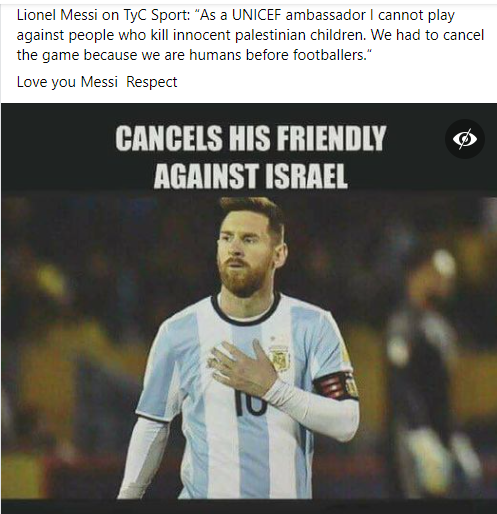 Statement on Israel-Palestine conflict falsely attributed to Messi