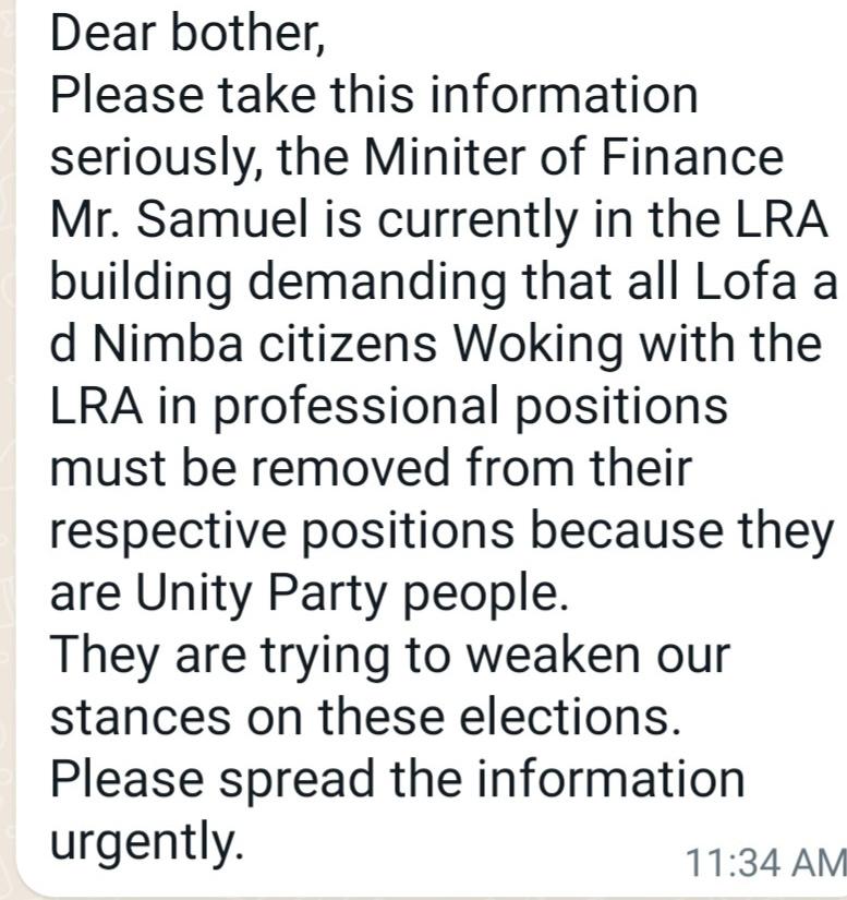 Misleading! Finance Minister did not order removal of  Lofa and Nimba citizens working with LRA 3 Misleading! Finance Minister did not order removal of  Lofa and Nimba citizens working with LRA