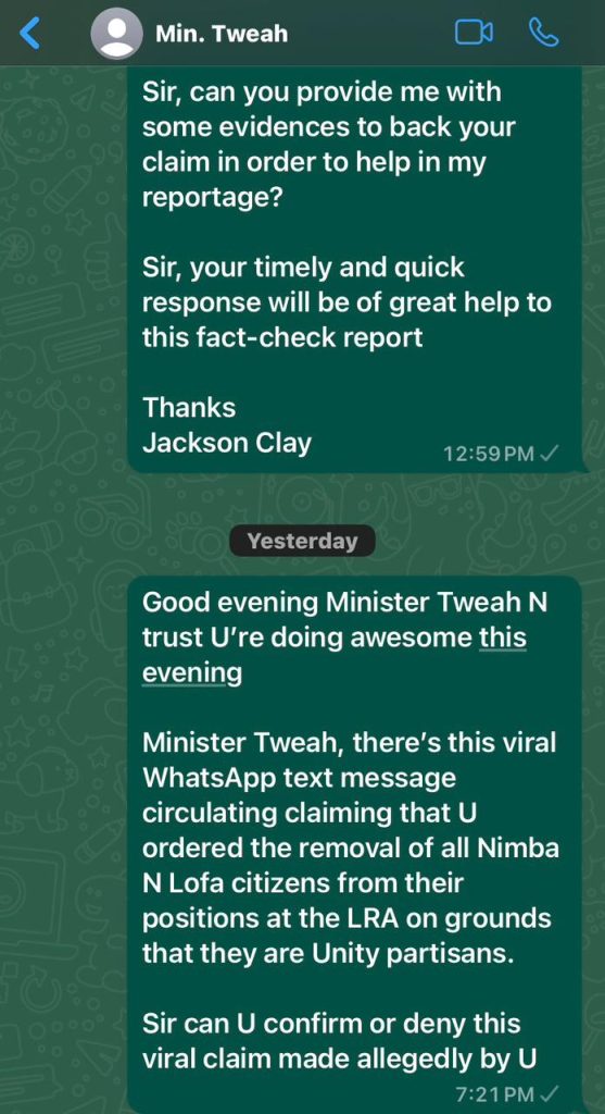 Misleading! Finance Minister did not order removal of  Lofa and Nimba citizens working with LRA 4 Misleading! Finance Minister did not order removal of  Lofa and Nimba citizens working with LRA