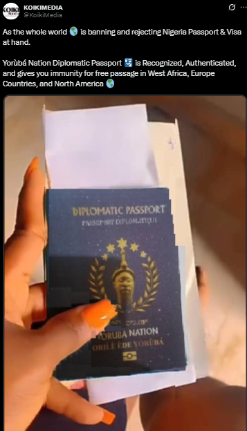Irọ́ ni! Ìwé ìrìnnà orílẹ̀-èdè Yorùbá kò ní ìdánimọ̀ òfin, wọn kò gbẹ́sẹ̀lé ìwé ìrìnnà Nàìjíríà 
