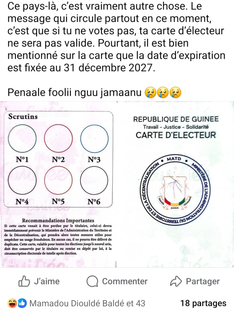 En Guinée la rumeur selon laquelle “si tu ne votes pas, ta carte d’électeur ne sera pas valable” est fausse