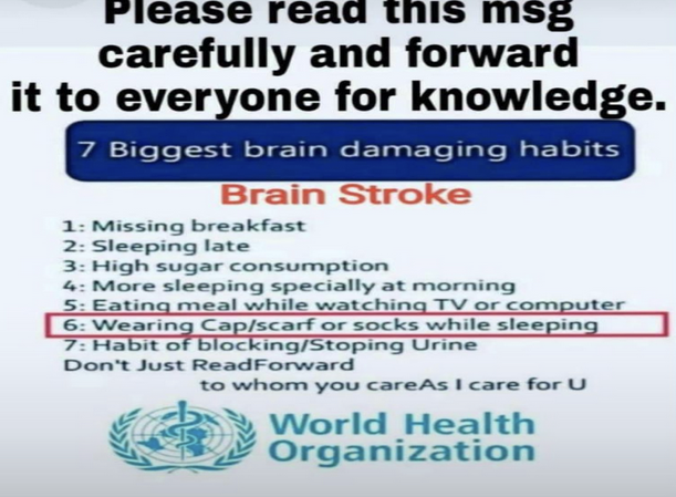 False: WHO did not publish viral graphic of 7 habits that lead to brain stroke 1 False: WHO did not publish viral graphic of 7 habits that lead to brain stroke