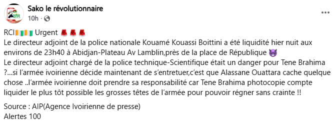 Non, le Directeur général adjoint de la Police scientifique ivoirienne n’a pas été assassiné 2 Non, le Directeur général adjoint de la Police scientifique ivoirienne n’a pas été assassiné