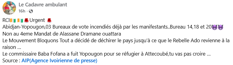 Des bureaux de vote n’ont pas été incendiés à Yopougon, en Côte d’Ivoire 2 Des bureaux de vote n’ont pas été incendiés à Yopougon, en Côte d’Ivoire