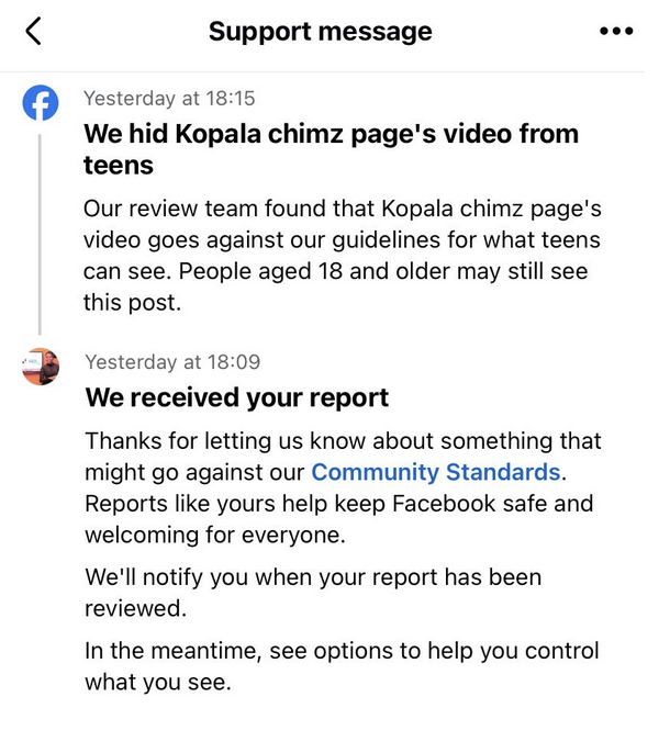 Screenshot of Facebook action after the reported post