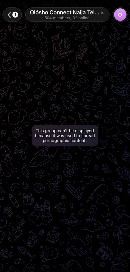 Telegram notice detailing why the group was taken down