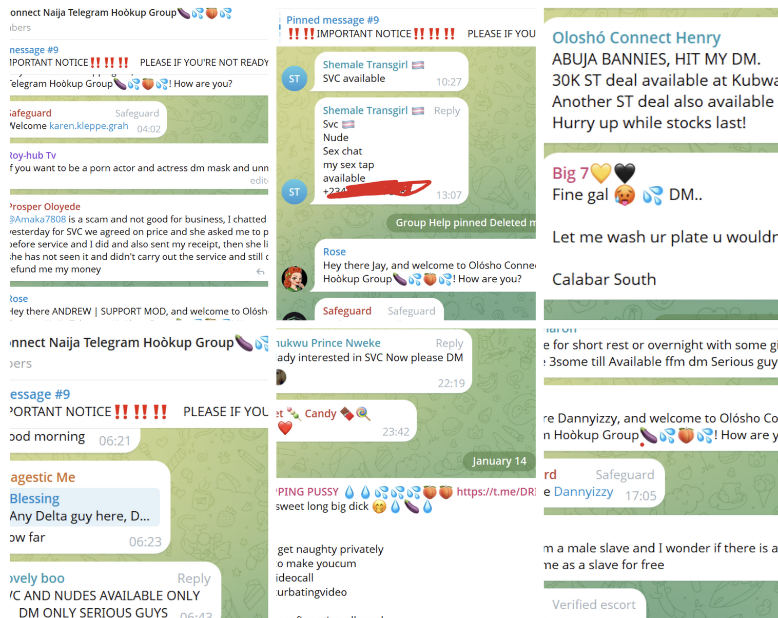 Collage of sexual adverts in Olosho Connect Naija with phone numbers blurred