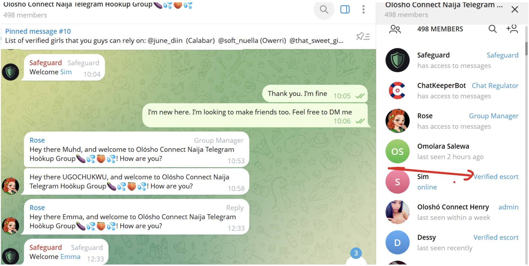 Screenshot showing reporter gaining the verified escort label in the group